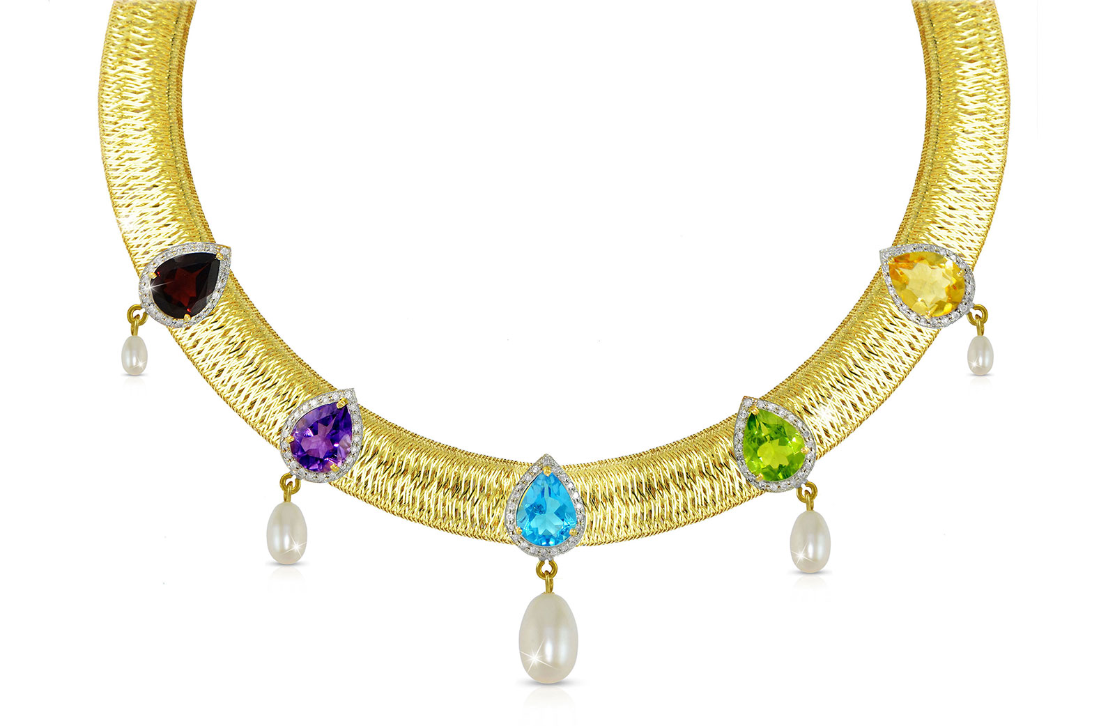 Vera Perla 18k Solid Gold 0.64Ct Genuine Diamonds and Multi-Gemstones with 7mm-13mm Pearls Mesh Necklace 